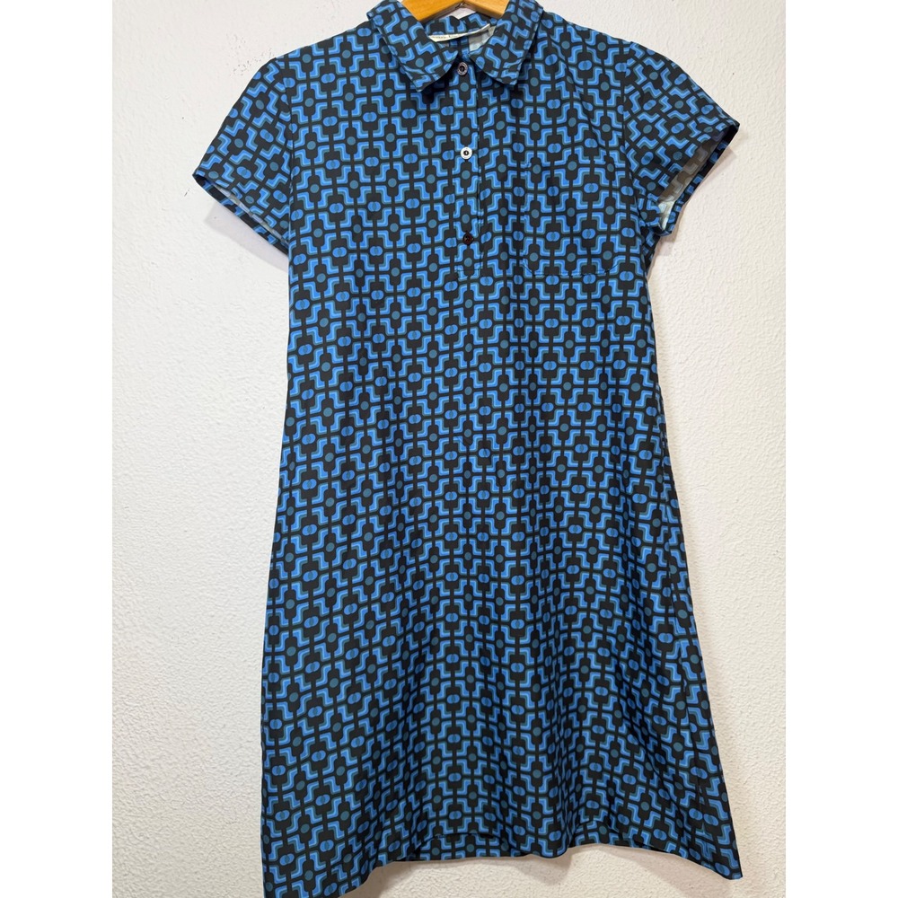 Vintage Guy Laroche Paris Blue Geometric Print Short Sleeve Shirt Dress Mod 38